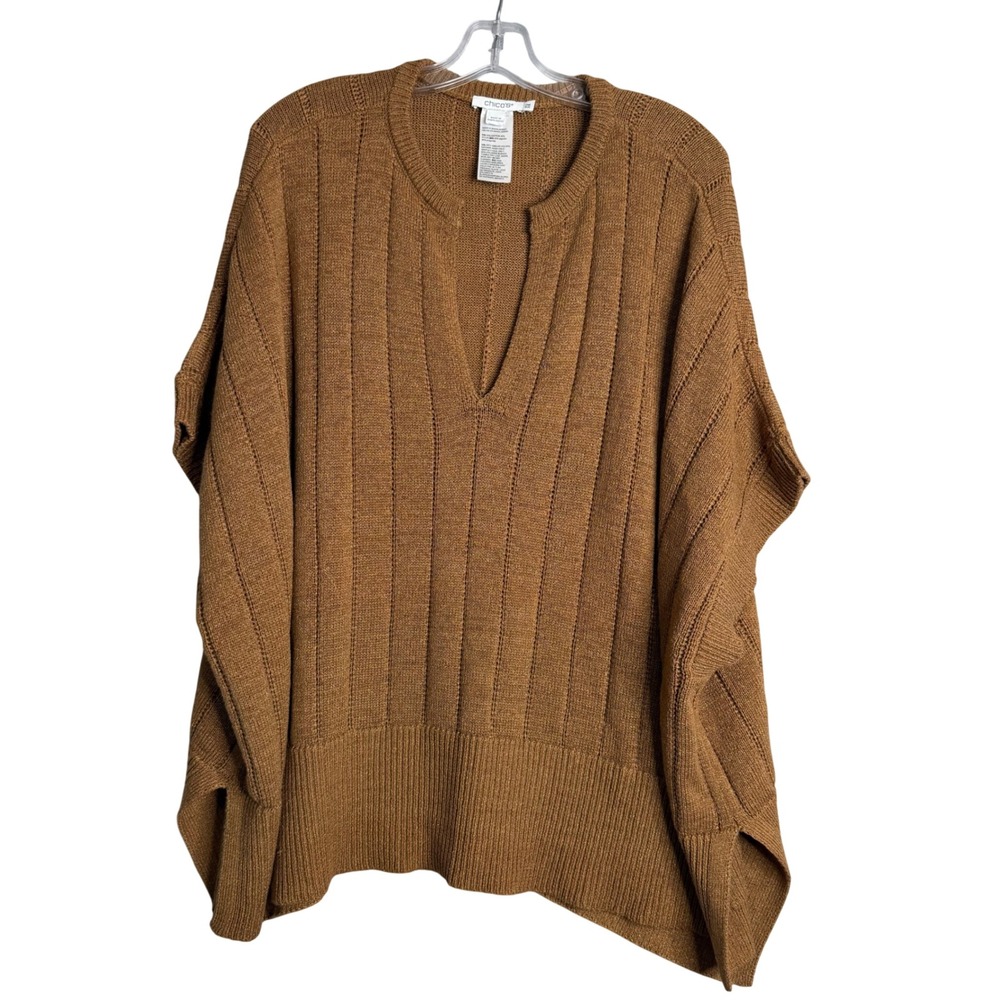 Chico's Open Knit Splitneck Poncho Womens One Size Burnt Sienna Brown Boxy Boho